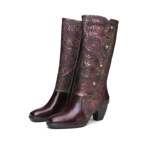 CrazycatZ Womens Leather  Knee High Boots Patterned Long Boots Vintage Boots Purple