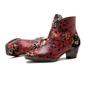 CrazycatZ Womens Leather Ankle Boots Bohemian Block Heel Colorful Floral Leather Boots Red