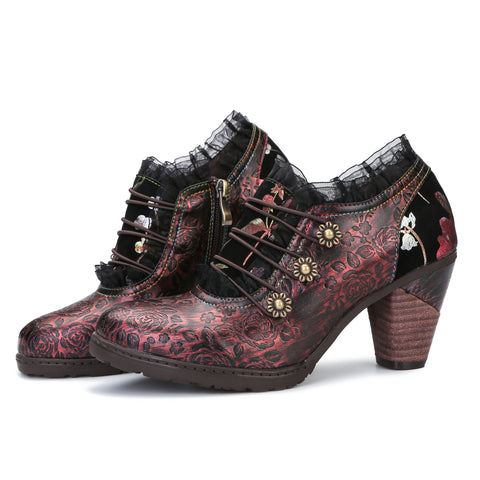 CrazycatZ Leather Pumps,Women  Vintage Block Heel Oxford Vintage Shoes Colorful Lace Trim Chunky Heels Pumps Red