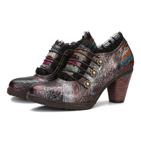 CrazycatZ Leather Pumps,Women  Vintage Block Heel Oxford Vintage Shoes Colorful Lace Trim Chunky Heels Pumps Black