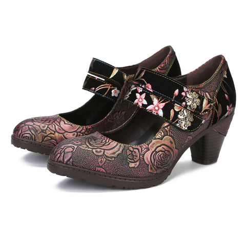 CrazycatZ Women's Leather Mary Jane Shoes Vintage Bohemian Colorful Shoes Floral Mary Jane Shoes