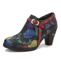 CrazycatZ Leather Pumps,Women Leather Floral Pumps Vintage Block Heel Oxford Vintage Shoes Colorful Shoes