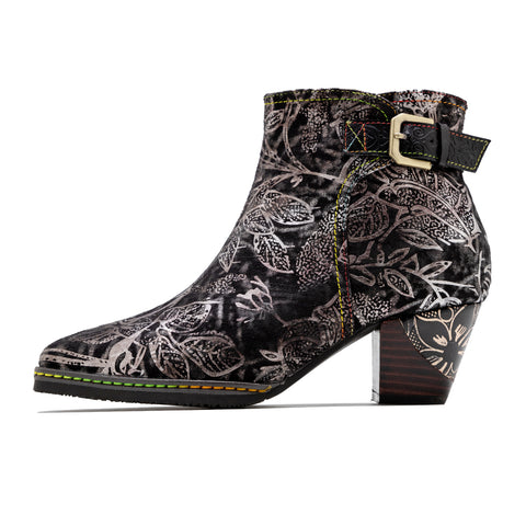 CrazycatZ Womens Leather Ankle Boots Bohemian Block Heel Colorful Patterned Leather Boots