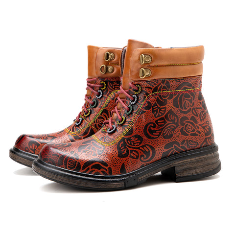 CrazycatZ Womens Leather Ankle Boots Bohemian Sporty Colorful Leather Boots Red