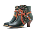 CrazycatZ Womens Leather Ankle Boots Bohemian Block Heel Colorful Floral Leather Boots Dark Green