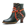 CrazycatZ Womens Leather Ankle Boots Bohemian Block Heel Colorful Floral Leather Boots Dark Green
