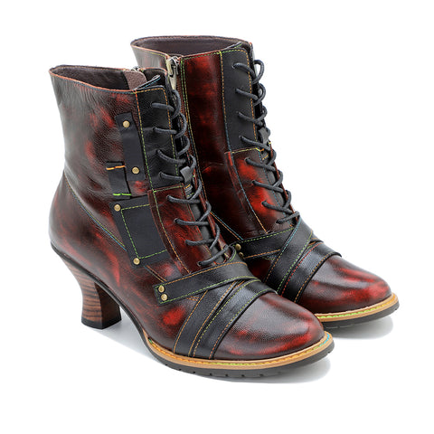 CrazycatZ Womens Leather Ankle Boots Bohemian Block Heel Colorful Floral Leather Boots Dark Red