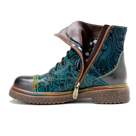 CrazycatZ Womens Leather Ankle Boots Bohemian Sporty Colorful Leahter Boots Green