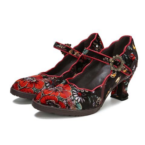 CrazycatZ Women's Leather Mary Jane Shoes Mary Jane Colorful Leather Oxfords Vintage Leather Pumps Red Floral