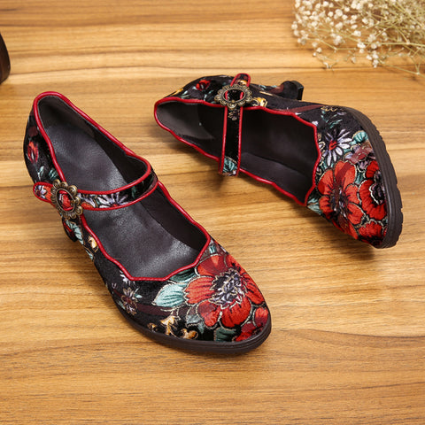 CrazycatZ Women's Leather Mary Jane Shoes Mary Jane Colorful Leather Oxfords Vintage Leather Pumps Red Floral