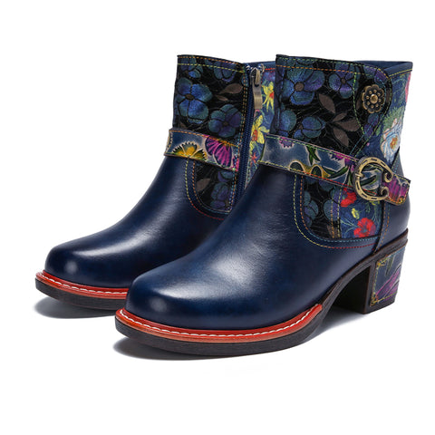 CrazycatZ Womens  Boots Floral Block Heel Leather Western Boots Colorful Leather Boots Navy