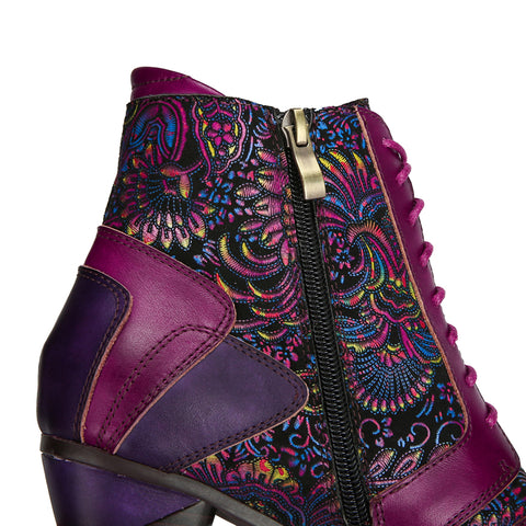 CrazycatZ Womens Leather Ankle Boots Bohemian Block Heel Colorful Floral Leather Boots Hot Pink