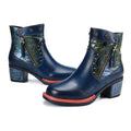 CrazycatZ Womens  Boots Floral Block Heel Leather Boots Colorful Leather Bootie Dark Blue