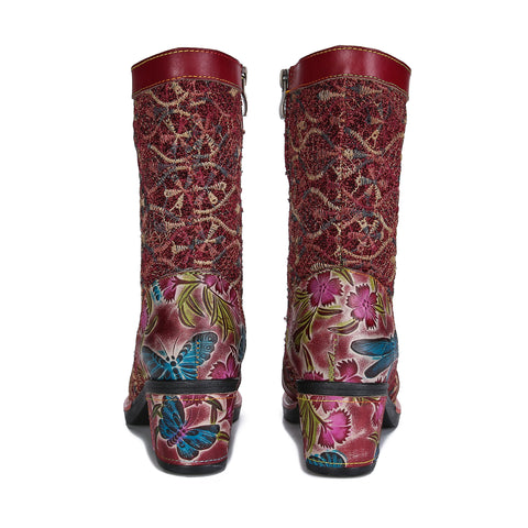 CrazycatZ Womens Leather Bohemian Midcalf Boots Floral Patterned Lace Up Boots