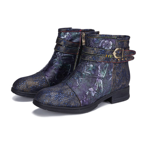 CrazycatZ Womens Bohemian Block Heels Leather Boots Colorful Leather Ankle Boots Dragon Fly Printed
