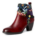 CrazycatZ Womens Leather Ankle Boots Embroidery Block Heel Colorful Floral Leather Boots Dark Red