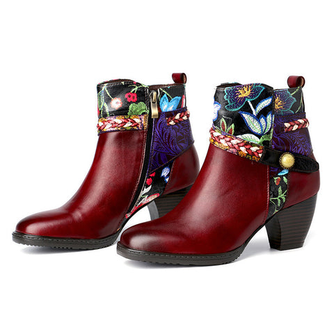 CrazycatZ Womens Leather Ankle Boots Embroidery Block Heel Colorful Floral Leather Boots Dark Red