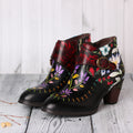 CrazycatZ Womens  Boots Floral Block Heel Leather Western Boots Colorful Leather Boots Black