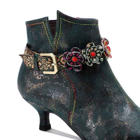 CrazycatZ Womens Leather Ankle Boots Bohemian Kitten Heels Colorful Floral Leather Boots