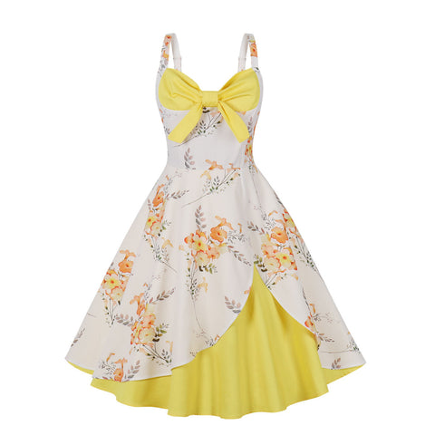 Women Cotton 50s' Vintage Dress Retro Big Swing Floral Skirt Sleeveless Hepburn Rockabilly Dress Robe(White+Yellow)