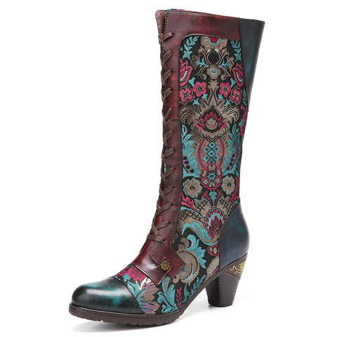 CrazycatZ Womens Leather Bohemian Knee High Boots Patterned Long Boots Vintage Boots